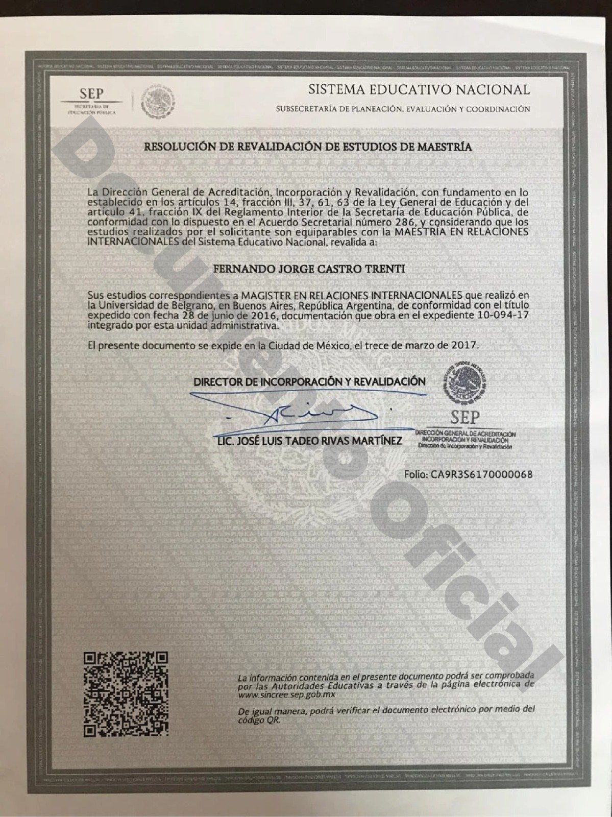 Revalidación Maestría en Política Internacional